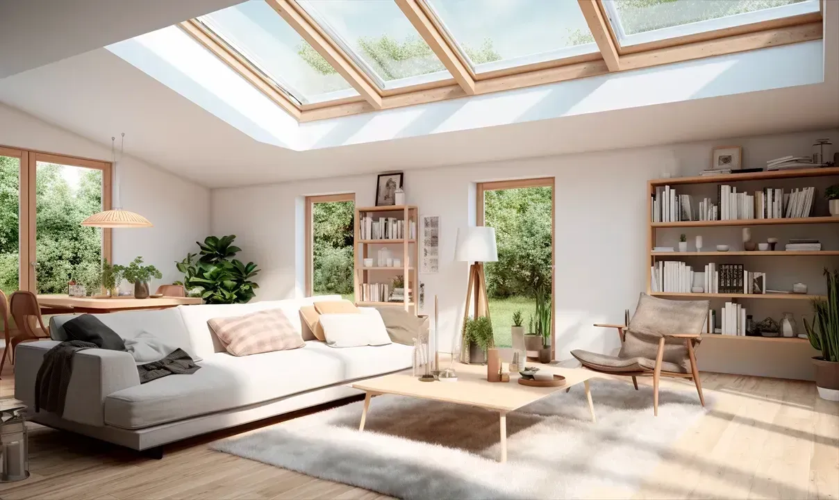 Bright, modern living room with skylights, a white sofa, plants, wooden shelves, and a cozy armchair. Sunlight streams in, creating a serene atmosphere.